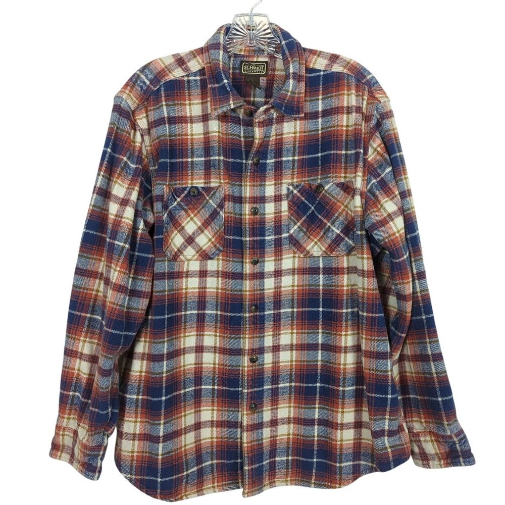 C.E. Schmidt Men’s Flannel Shirt L Blue Plaid Cotton Long Sleeve Workshirt